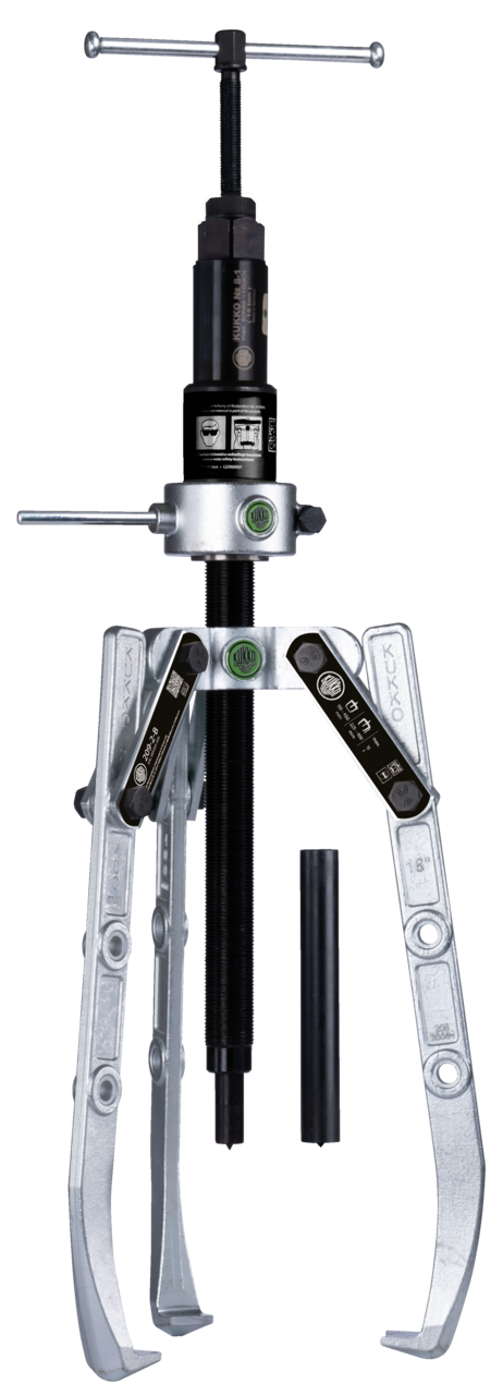 kukko 209-2-b 3-jaw puller with oscillating puller arms, adjustable reach, hydraulic spindle, up to 450 mm spread, 400 mm reach for centric pulling of particularly stuck bearings, gears, and discs in all common sizes for crafts, wor