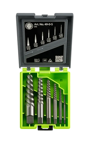 Spiral screw extractor set in green case with six sizes displayed for shop tool use