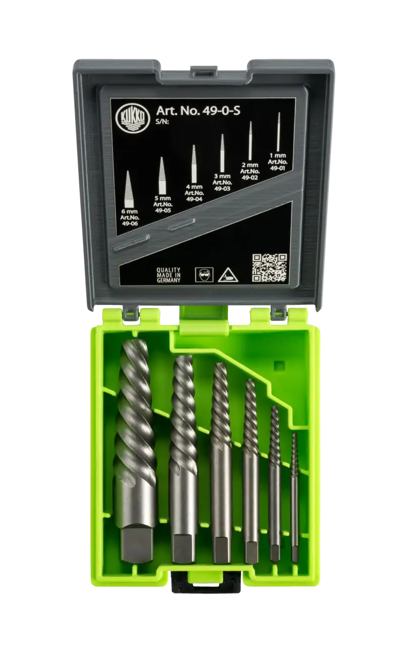 Spiral screw extractor set in green case with six sizes displayed for shop tool use