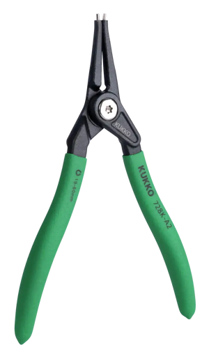 Green-handled precision snap ring pliers with straight tips, industrial hand tool