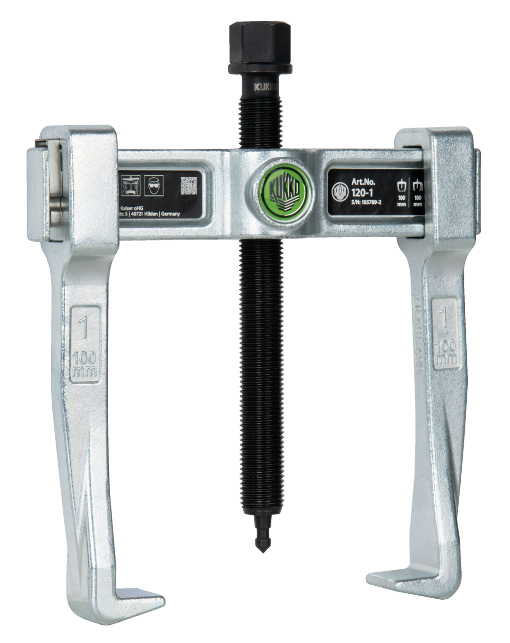 kukko 120-1 2-arm universal puller "vario" with spring-loaded end safety device, up to {clamping width external puller (max.) [mm]} clamping width and {clamping depth external puller [mm]} clamping depth for crafts, workshops, and industry
