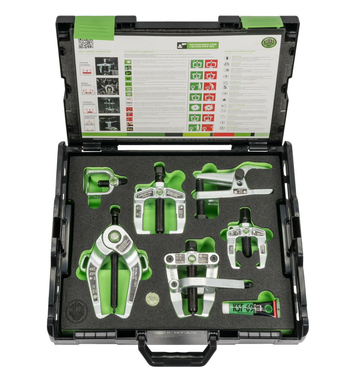 kukko k-127-a/6 front-end service set for disassembly and maintenance of steering arm, ball joints, tie rods & wheel bearings for disassembling and maintaining steering arm, ball joints, tie rods, and wheel bearings