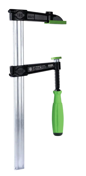 Heavy-duty F-clamp with green handle and metal bar for woodworking and shop tools