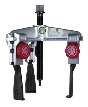 Heavy-duty gear puller tool with red handles and labeled metal frame for shop use