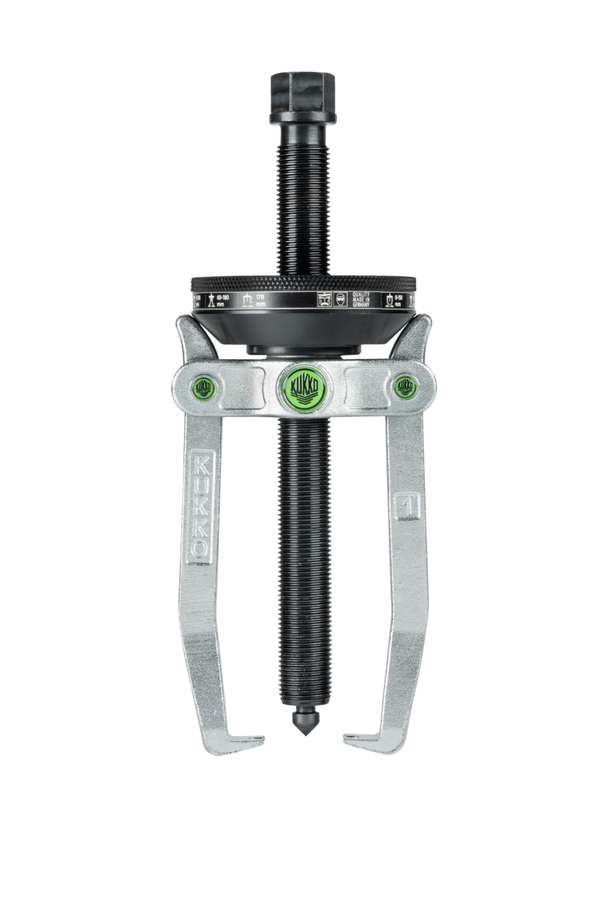 kukko 220-1 2-jaw puller with conical self-tensioning, up to 120 mm spread, 120 mm reach for concentric removal of bearings, gears, and discs in all common sizes for crafts, workshops, and indu