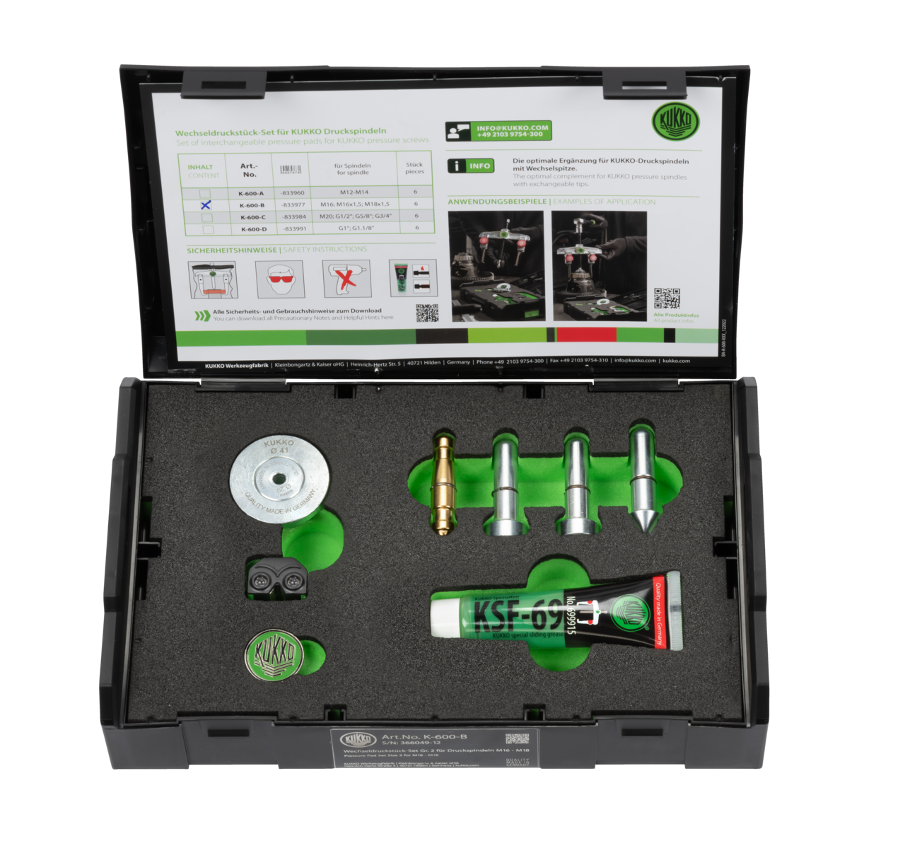 kukko k-600-b wechseldruckstück-set ø 20; 32; 41 mm (m16 - m18) for kukko pressure spindles with interchangeable tips and can be used for any mounting position