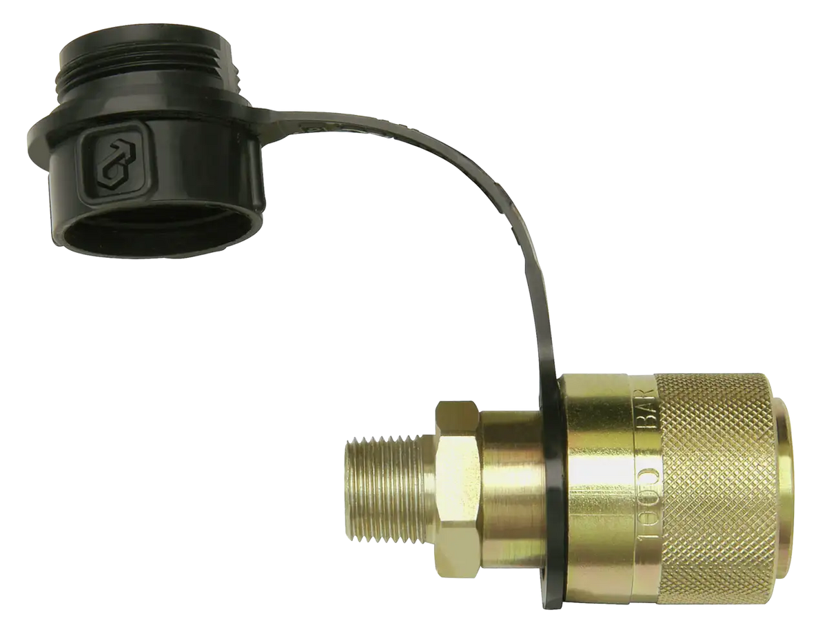 Brass hydraulic quick connect coupling with threaded cap for industrial fluid power applications