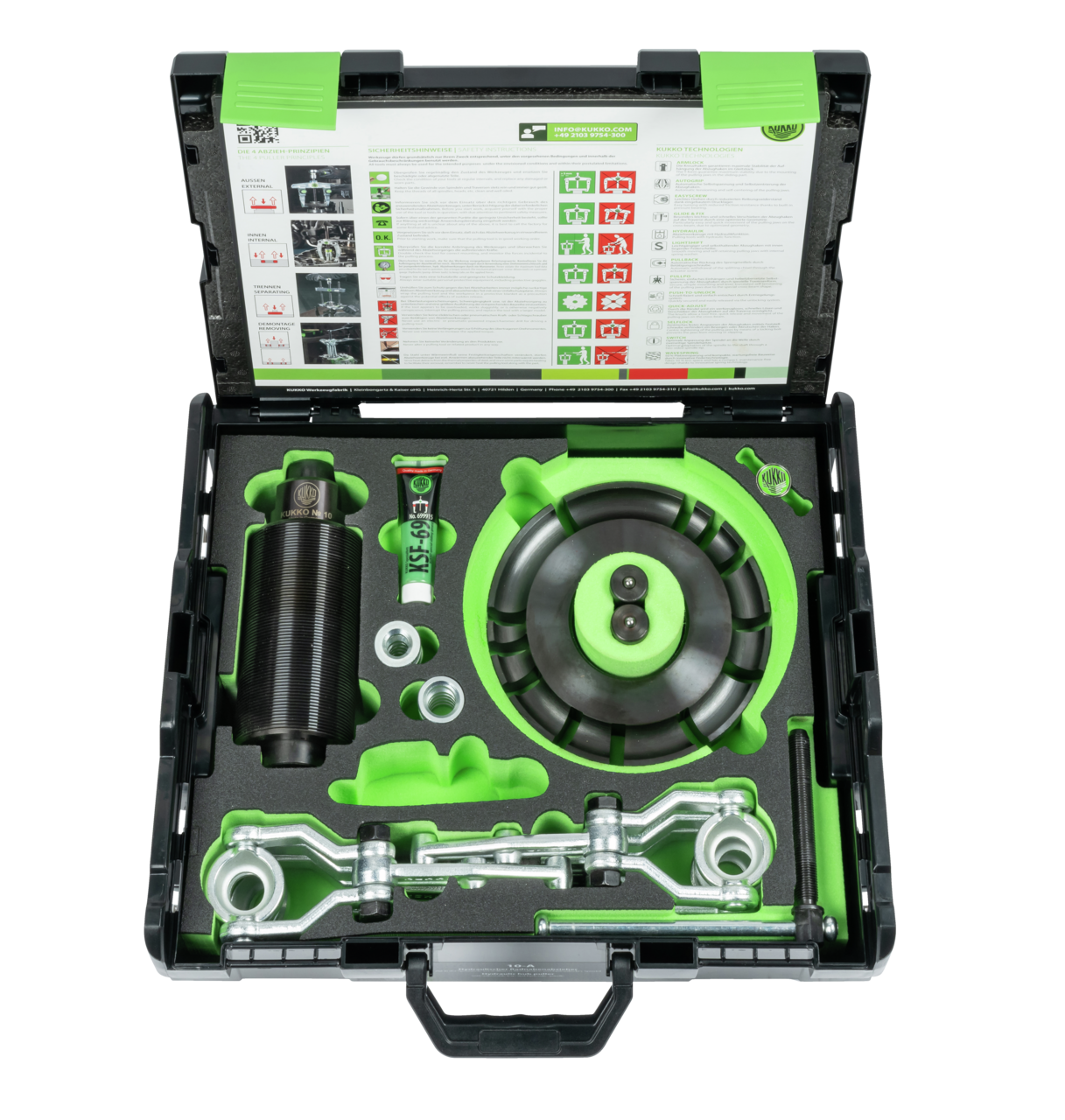 kukko 10-a hydraulic wheel hub puller set up to 250 mm / 20 ton for pulling hub assemblies on passenger cars and trucks