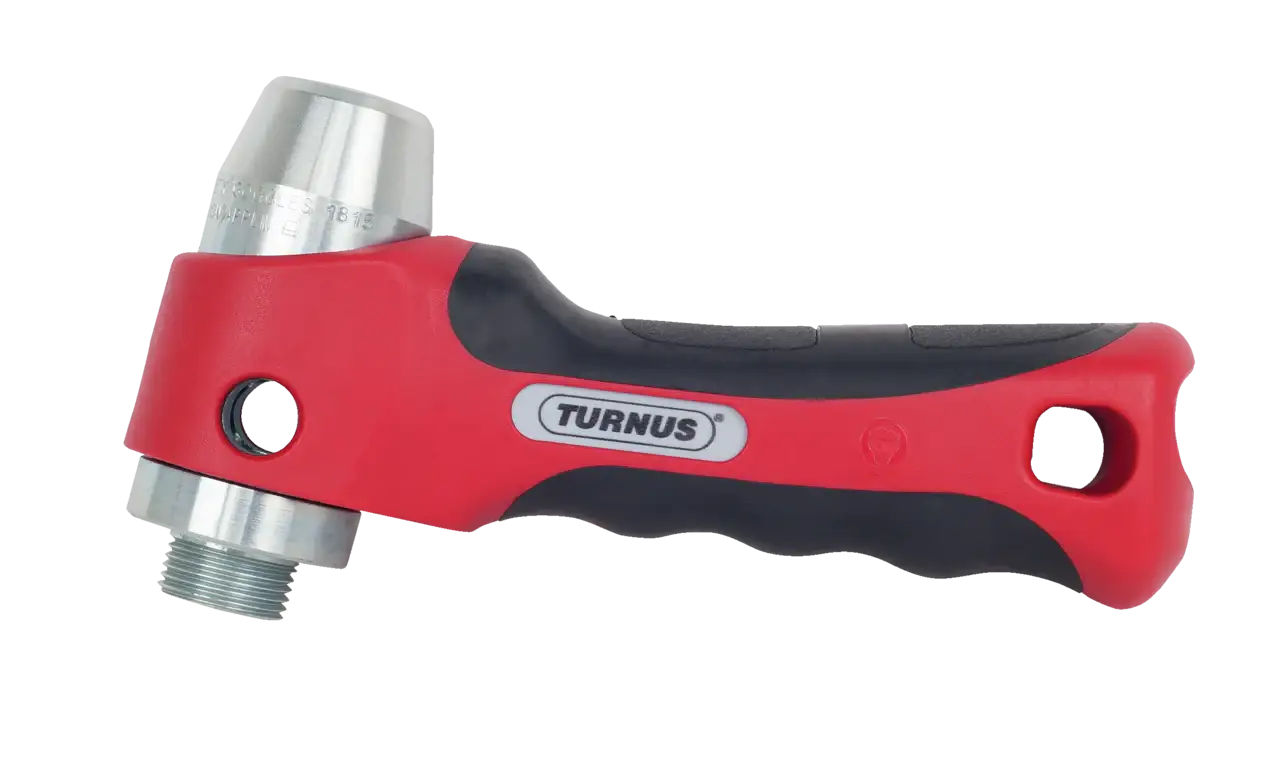 Double-headed non-marring mallet with red and black ergonomic handle, TURNUS label