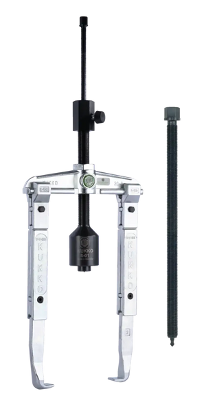 Heavy-duty two-jaw gear puller tool with adjustable arms and threaded spindle