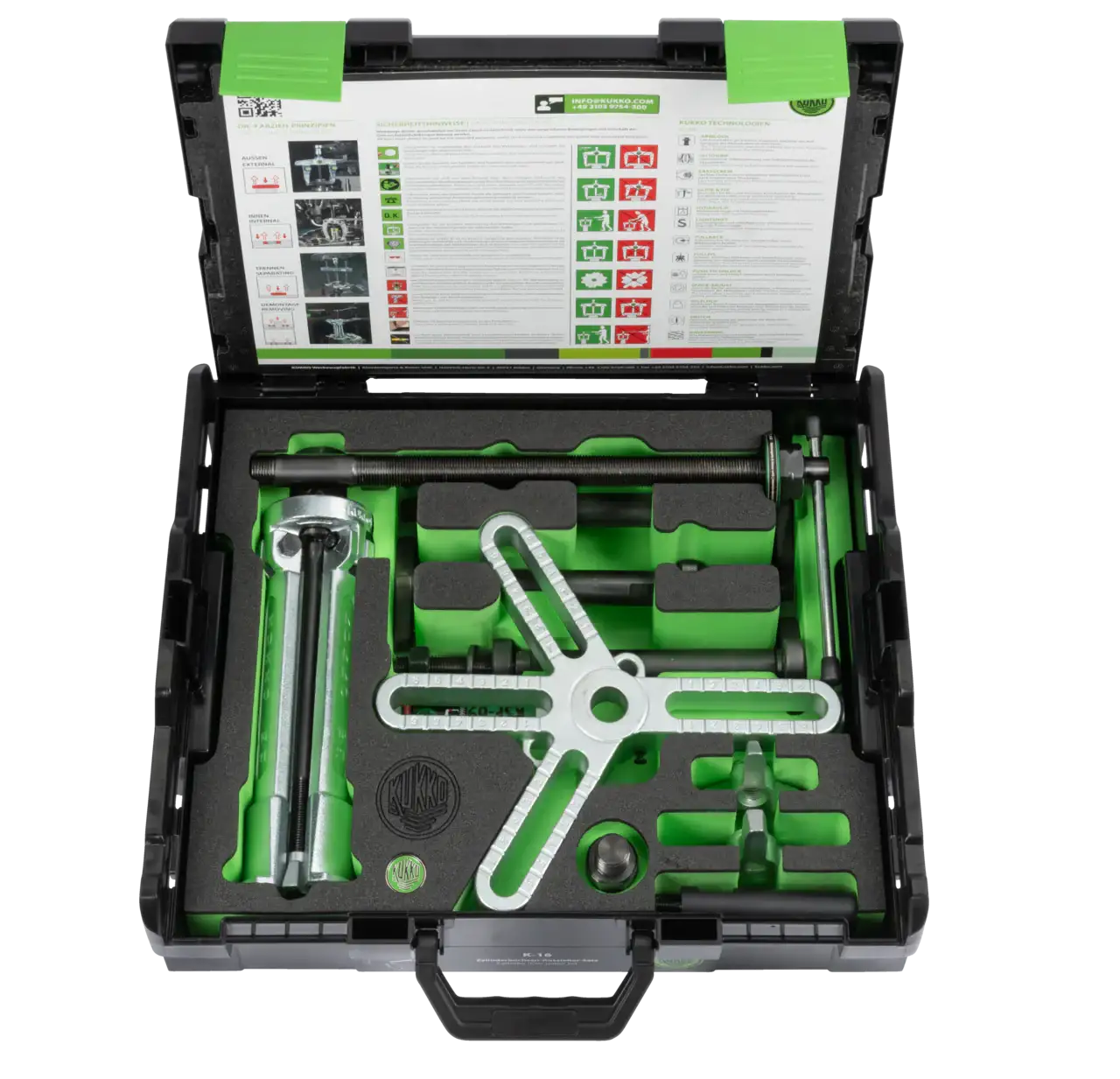 Professional bearing puller tool kit in foam-lined hard case with instructions inside lid