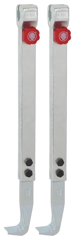 Pair of metal industrial puller arms with red adjustment knobs and hex bolts