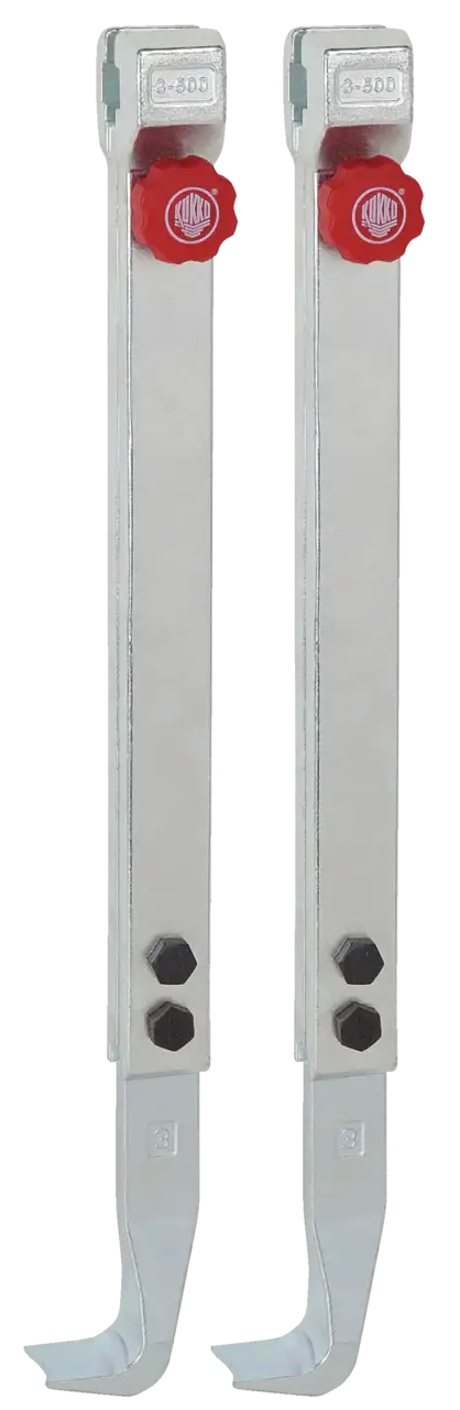 Pair of metal industrial puller arms with red adjustment knobs and hex bolts
