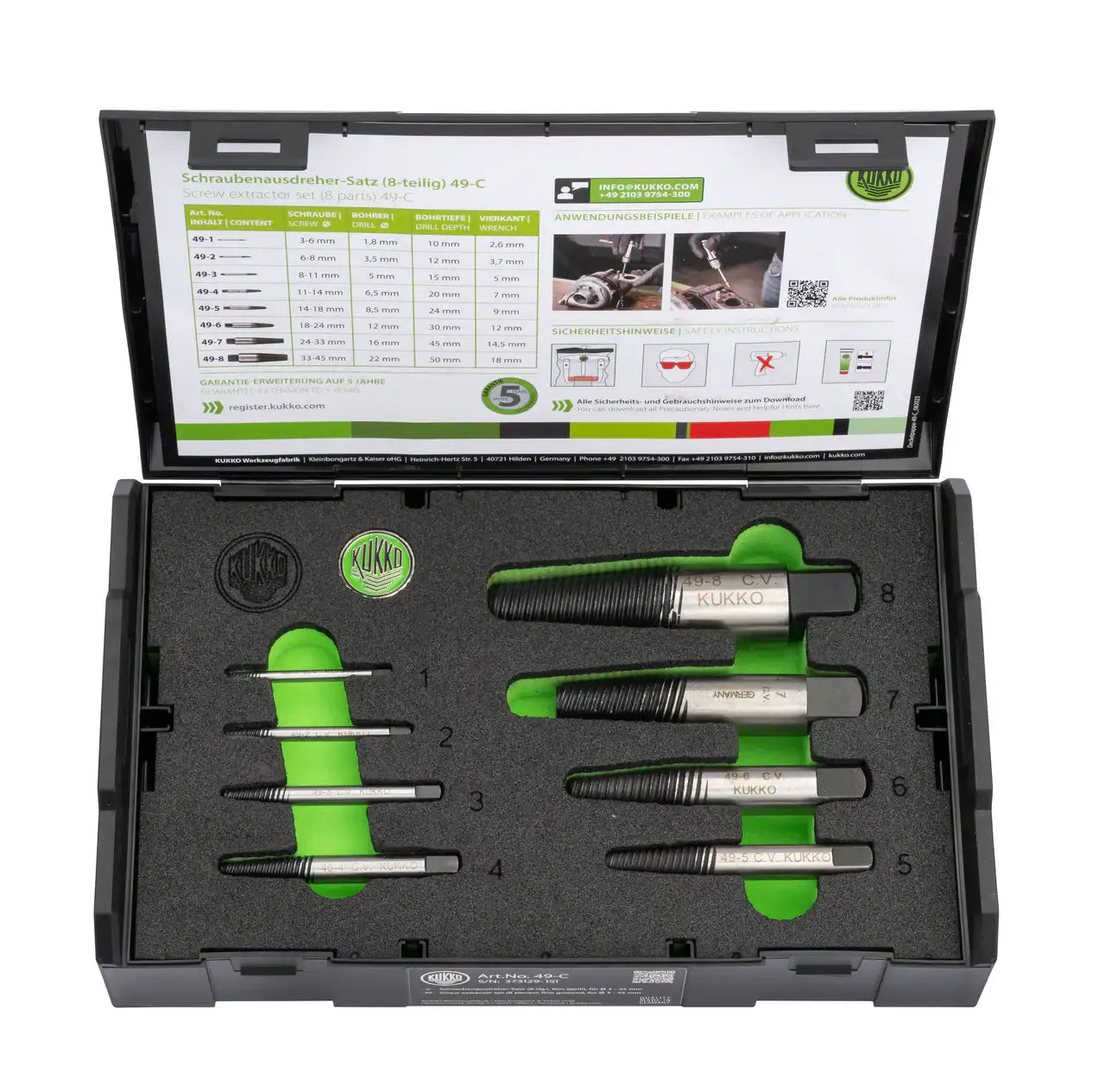 Screw extractor set with eight metal extractors in foam case, product information in lid.