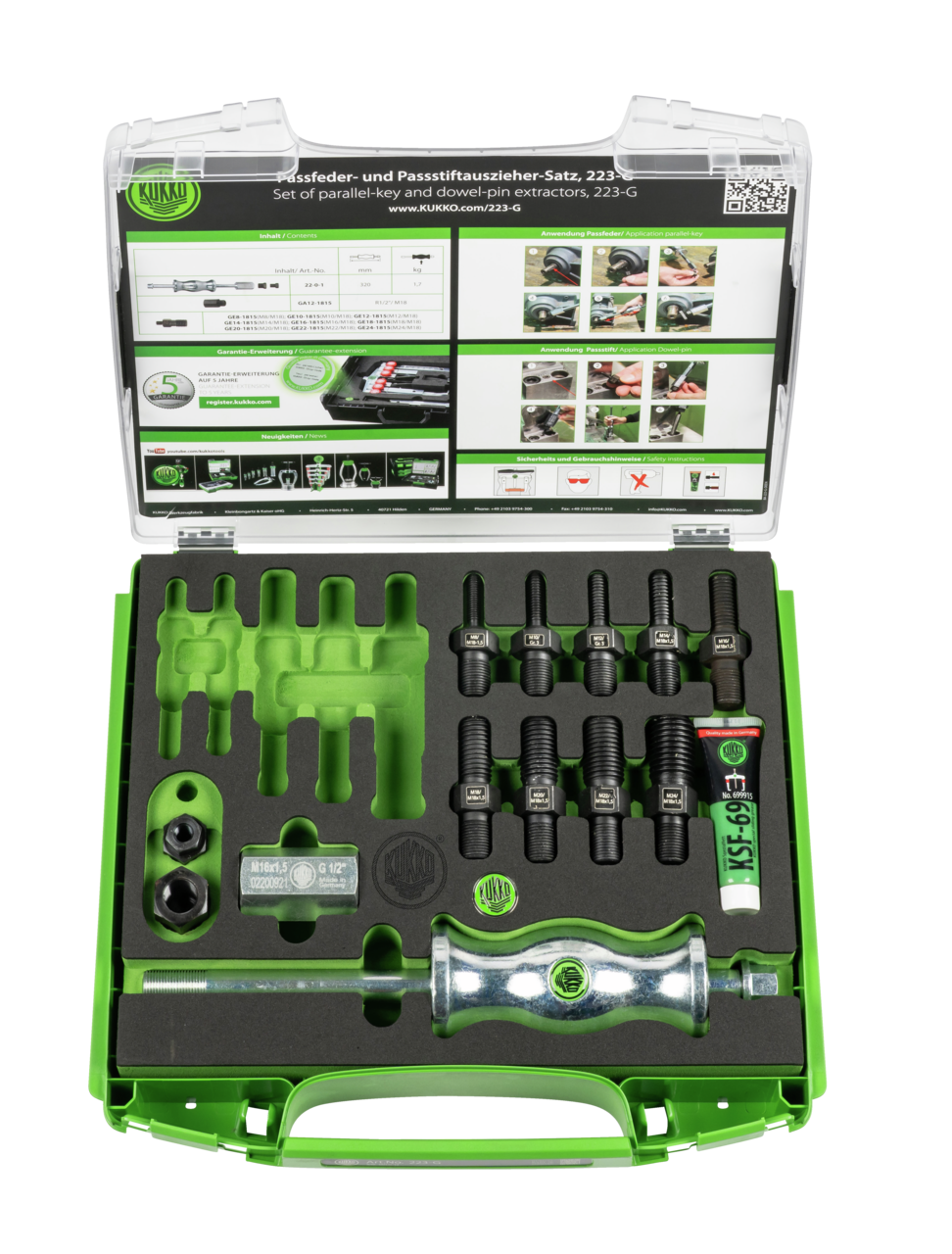 kukko 223-g puller set for parts with internal thread m8/m10/m12/m14/m16/m18/m20/m22/m24 for extracting bushings as well as components with threads (dowel pins, flat keys, bolts, etc