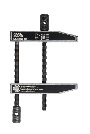 Heavy-duty adjustable metal clamp with threaded rods and measurement markings, industrial tool