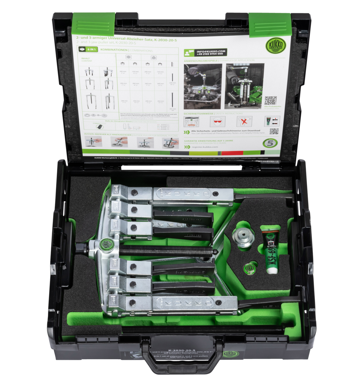 kukko k-2030-20-s 2-, 3-jaw universal puller set with narrow jaws for 2-jaw and 3-jaw pulling of large bearings, gears, disks, etc