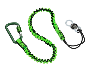 Green tool lanyard with carabiner and loop, industrial safety tether