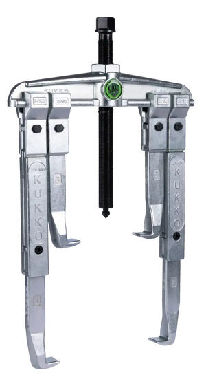 Heavy-duty three-jaw gear puller tool with metal arms and Kukko logo, for shop use