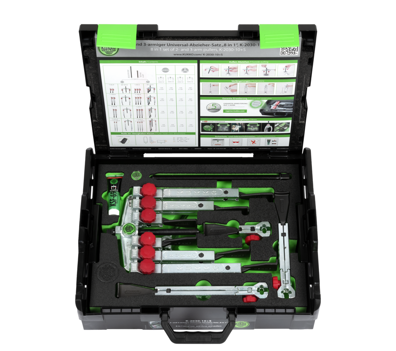 kukko k-2030-10+s 2-, 3-jaw universal puller set with narrow, quickly adjustable jaws (20-10+s, 30-10-t, 614250, 1-193-s, 1-253-s) for 2-jaw and 3-jaw pulling of bearings, gears, discs, etc