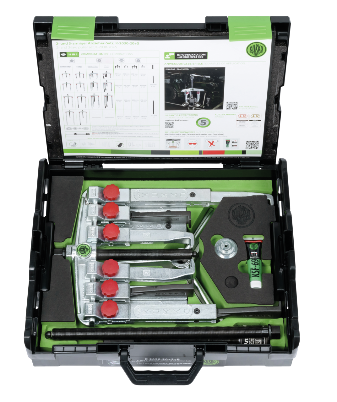 kukko k-2030-20+s+b 2-, 3-jaw universal puller set with two different puller jaw types, hydraulic spindle for universal applications in the 2-jaw and 3-jaw pulling of gearbox gears, bearings, sprockets, and syn