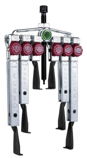 Heavy-duty Kukko gear puller with six adjustable arms and red knob handles, industrial tool