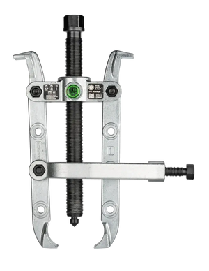 Heavy-duty gear puller tool with adjustable arms and threaded central screw on black background