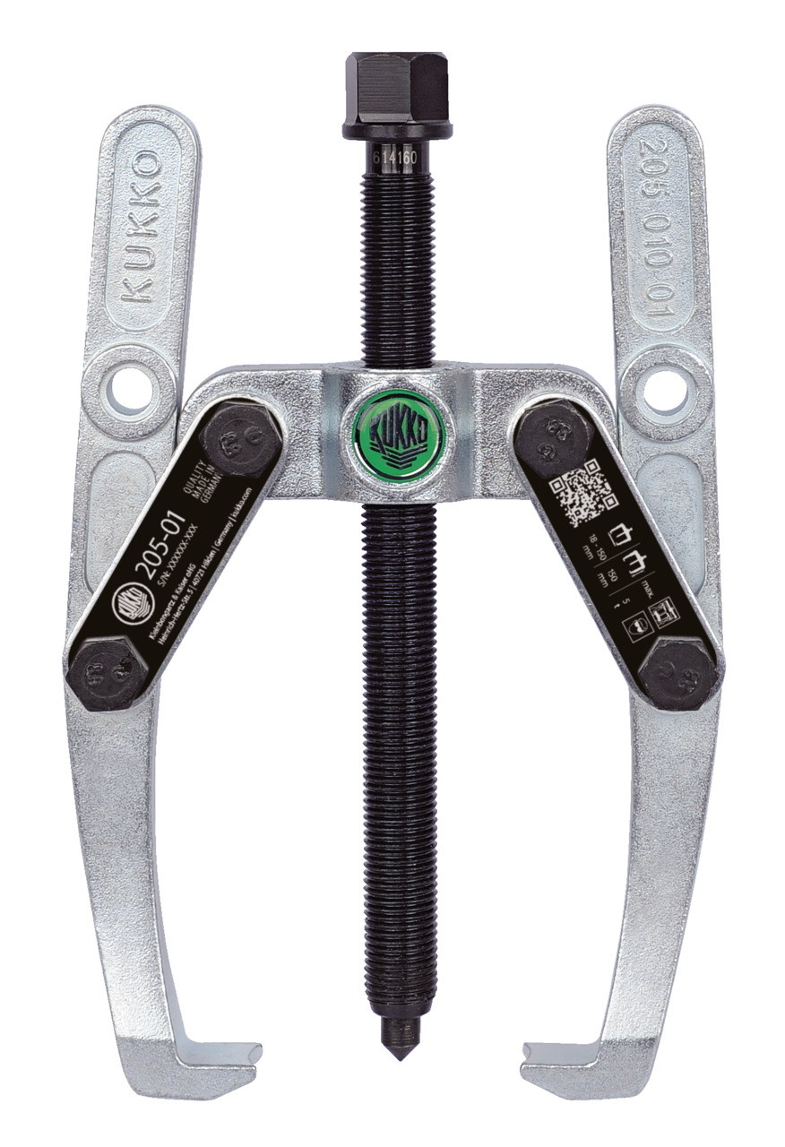 kukko 205-01 heavy-duty, 2-armed 150 x 150 mm lug puller with oscillating and height-adjustable puller legs for central extraction of large bearings, gears, and discs in all common sizes for crafts, workshops, an