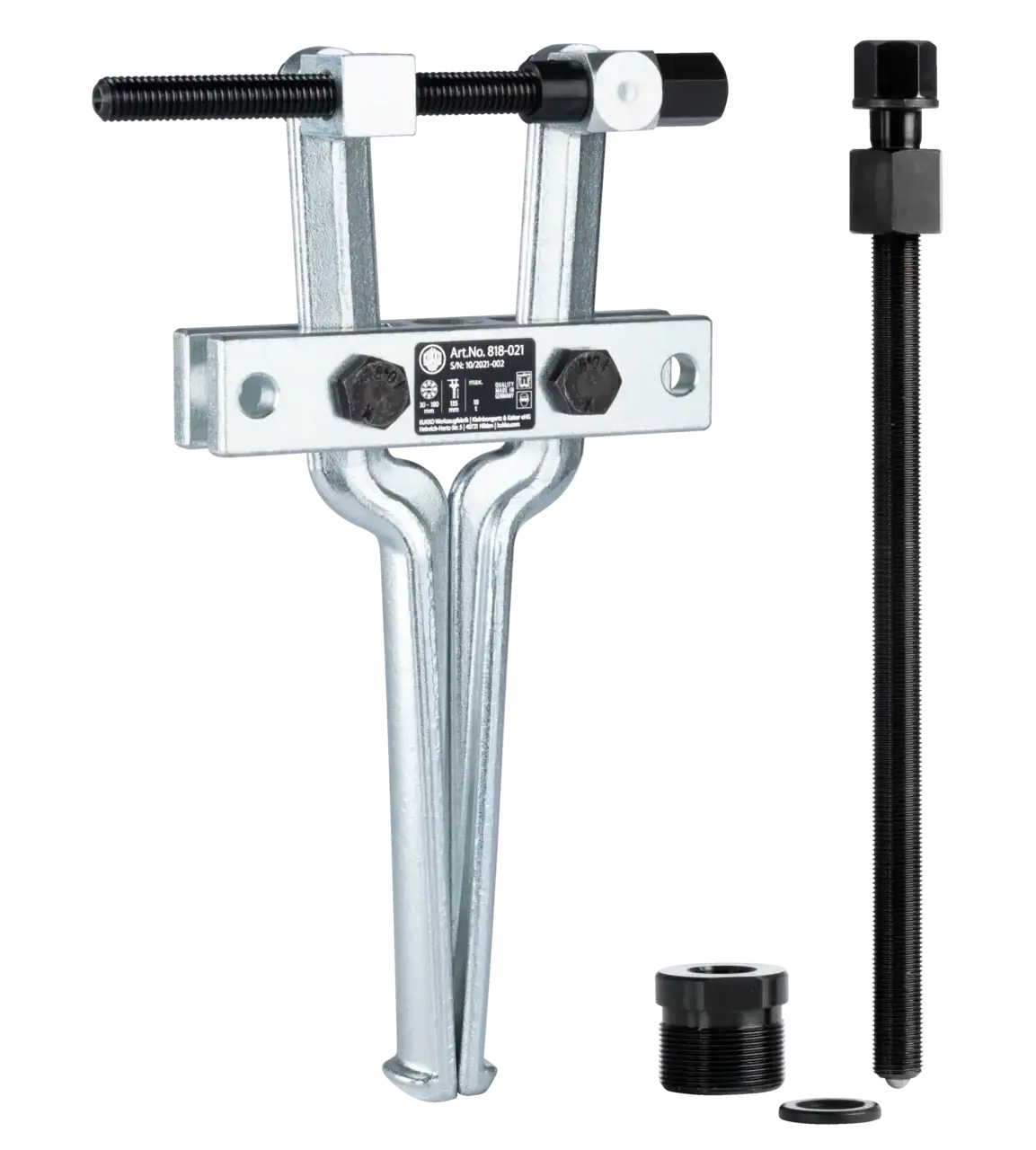 Heavy-duty two-arm bearing puller tool set with threaded rods and attachments