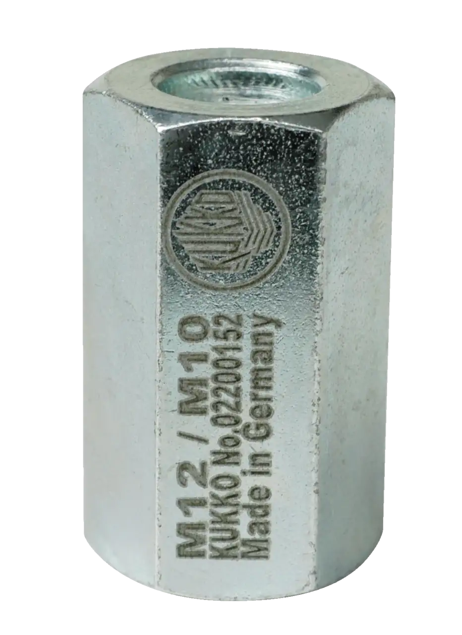 Hex coupling nut with M12/M10 thread size, silver finish, industrial fastening hardware