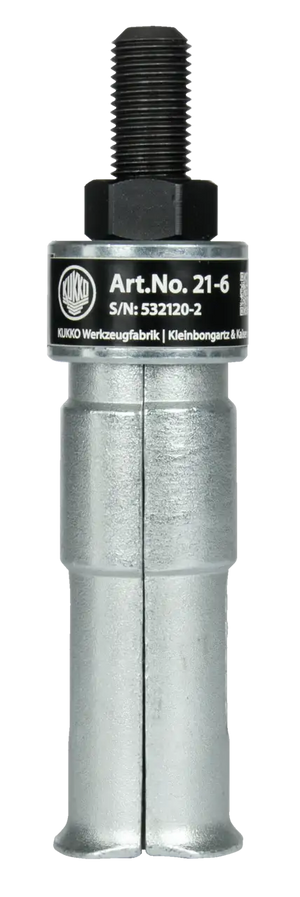 Metal bearing puller tool with threaded bolt and engraved product details on the label