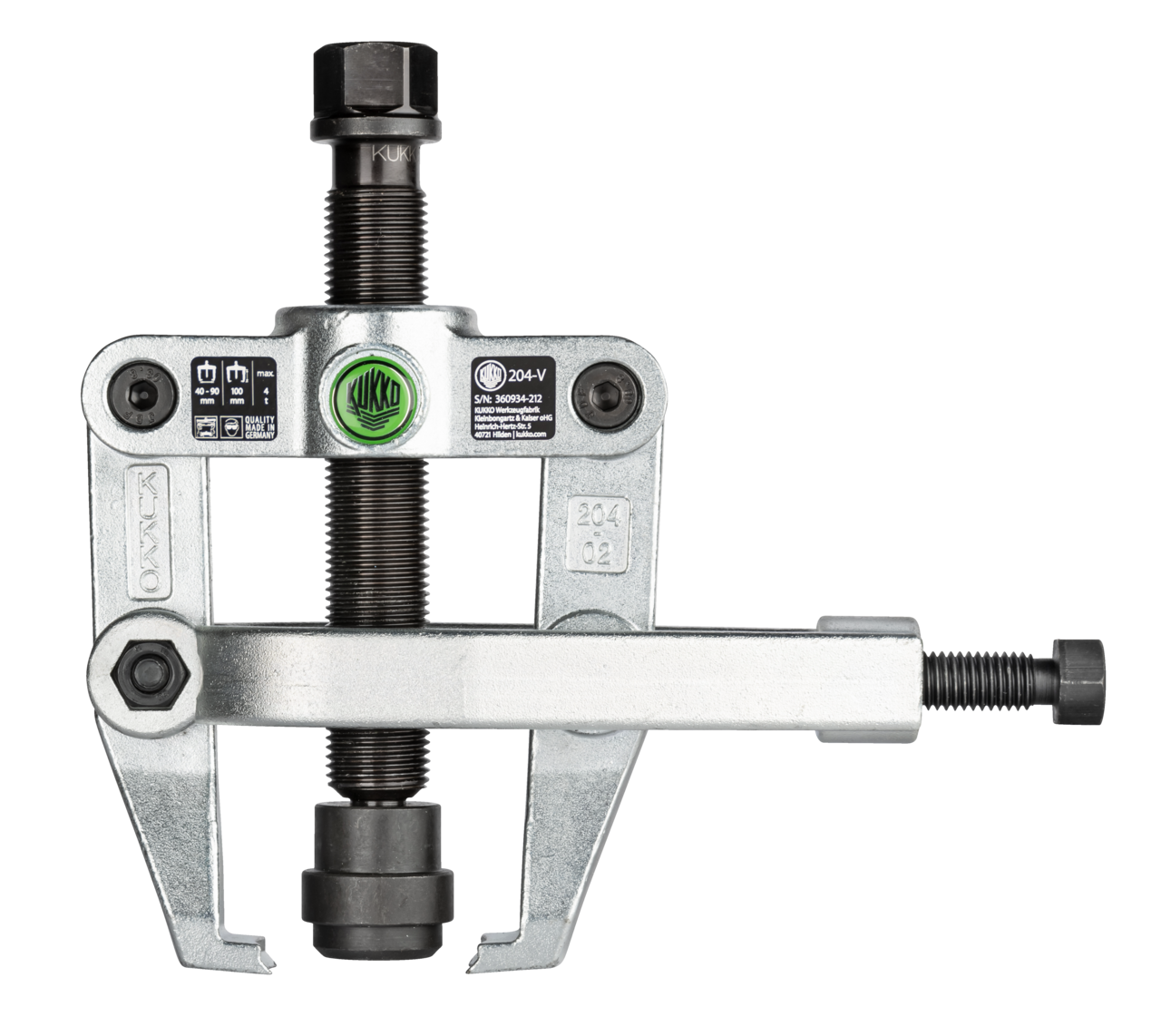 kukko 204-v 2-arm bearing puller with side clamp and adapter for removing particularly stuck ball bearings, bearing rings, and workpieces