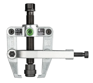 Heavy-duty metal gear puller tool with threaded adjustment and Kukko logo, industrial setting