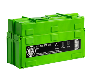 Green industrial tool storage box with product label and dimensions visible