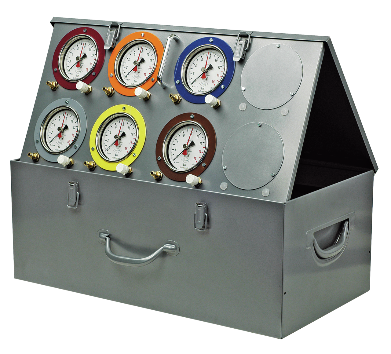 wilbär w-6050/6 wilbär pneumatic test case with 6 pressure gauges 0-16 bar, calibrated, with 6 measuring hoses for testing switching pressures, intervals, steps, control and safety functions, tightness and pressure