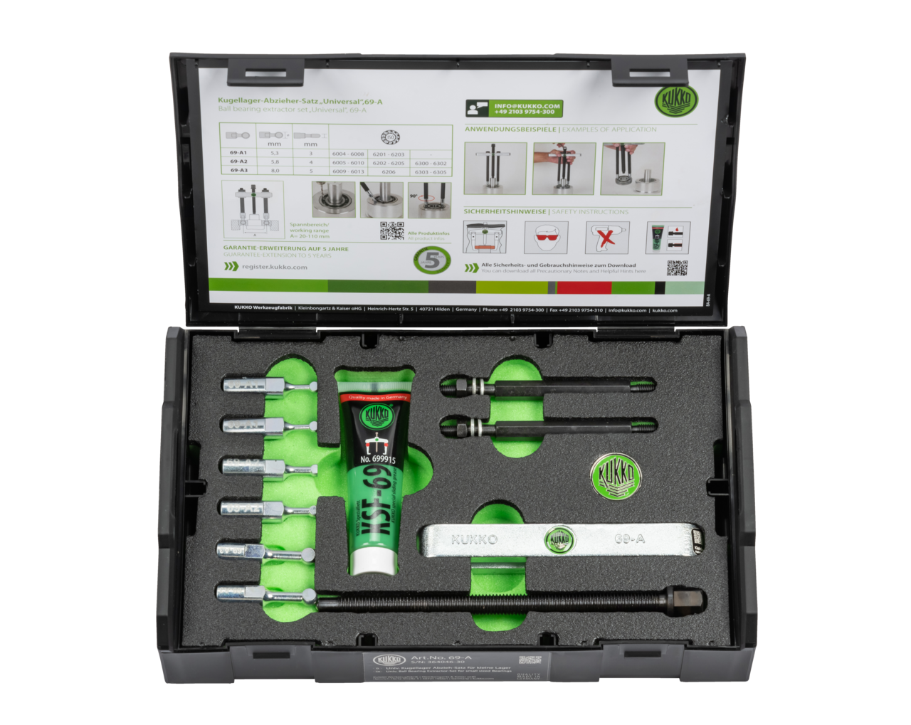 kukko 69-a ball bearing puller set "universal" for small bearings ø for pulling ball bearings of all types that are seated in a housing and/or on a shaft, in craft, industr