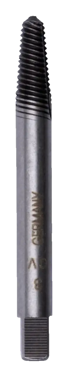 Metal screw extractor tool with spiral flutes, close-up on white background