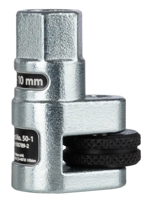 Close-up of metallic pipe cutter tool with 10 mm marking, black cutting wheels visible