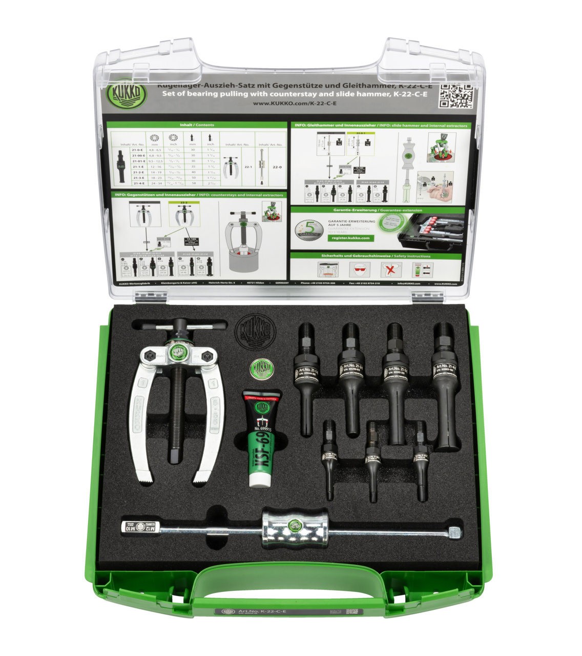 kukko k-22-c-e ball bearing puller set ø 4.8-34 mm for extracting flush-mounted bearings, outer rings, and bushings in crafts, workshops, and industry