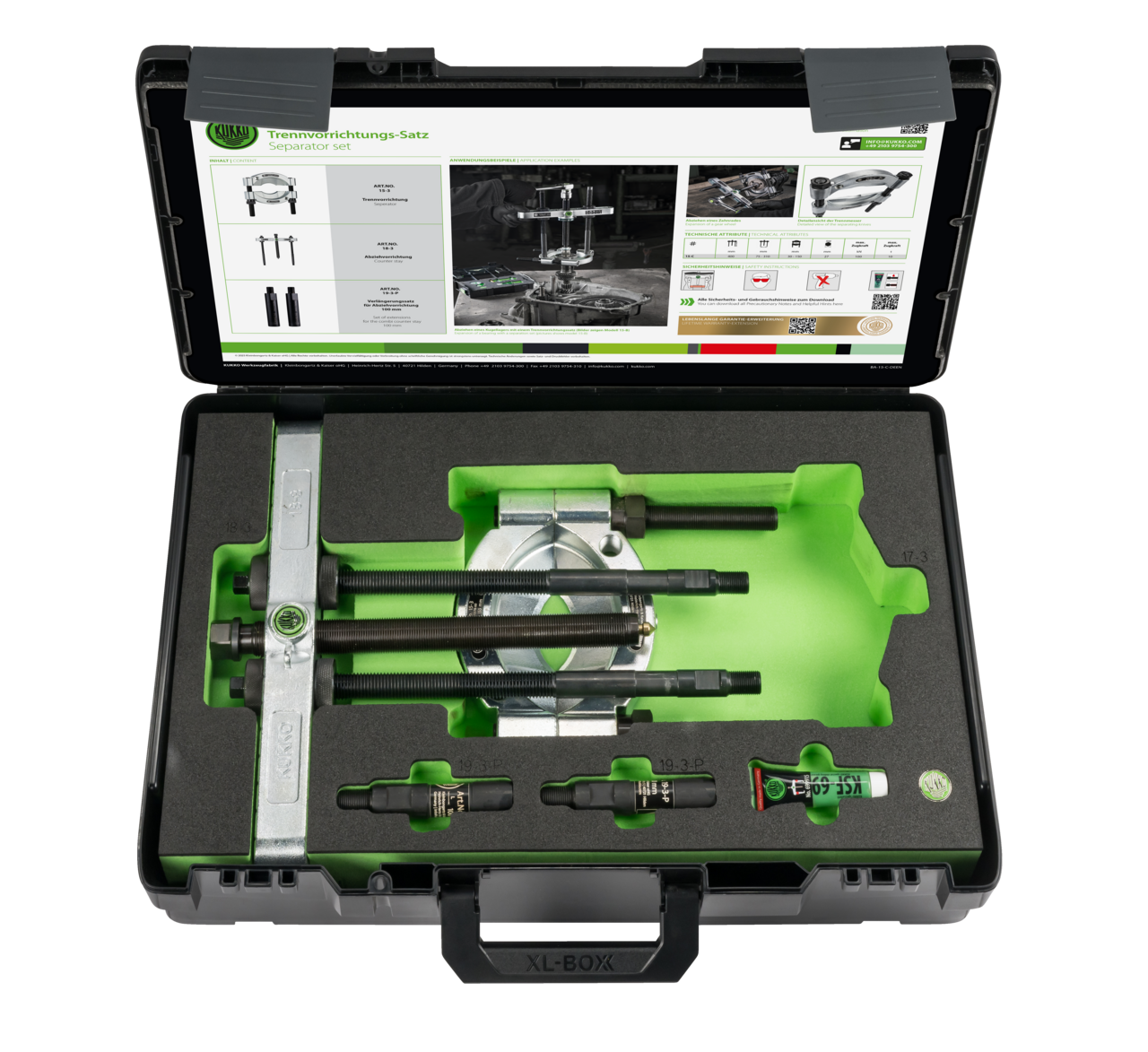 kukko 15-c separator set ø 25-155 mm/400 mm for removing ball bearings, roller bearings, inner rings, and other flat-mounted parts in craft, industr