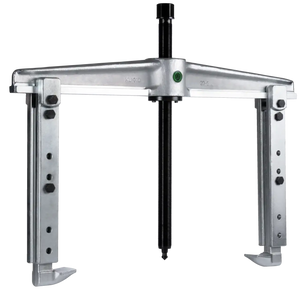 Heavy-duty steel gear puller tool with adjustable arms and central screw, isolated on black