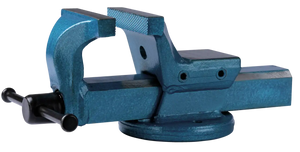 Heavy-duty blue bench vise with textured jaws for secure grip, ideal for shop work