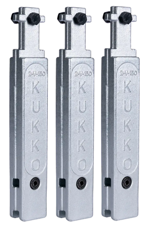 Three KUKKO metal industrial tool arms with bolts, silver finish, on black background.