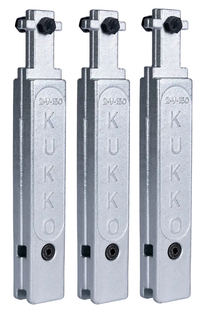 Three KUKKO metal industrial tool arms with bolts, silver finish, on black background.