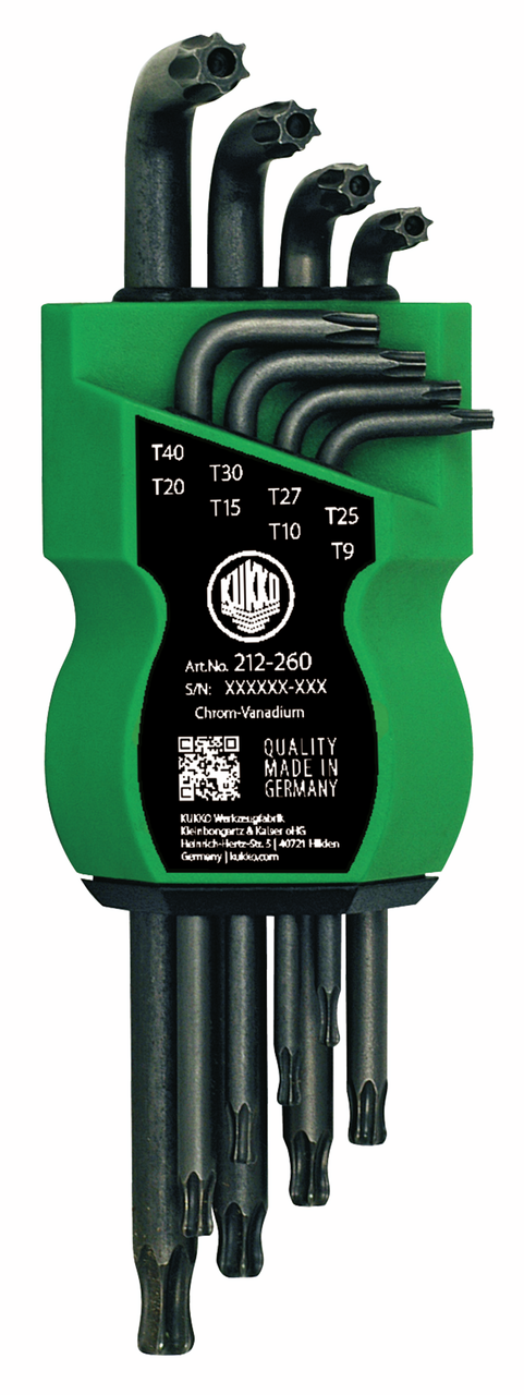 kukko 212-260 tx-angle screwdriver set with key sizes 9, 10, 15, 20, 25, 27, 30, 40 for operating hard-to-reach screw heads in workshops, industry, and crafts