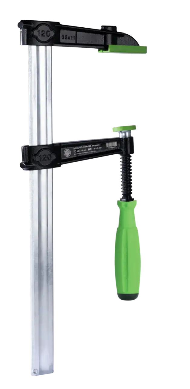 Metal bar clamp with black frame, green protective pads, and green ergonomic handle