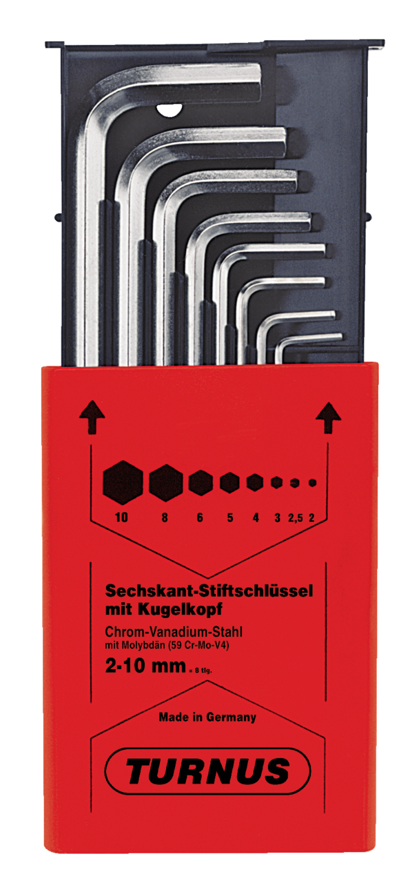 kukko 214-200 short allen key set with ball head, 2, 2,5, 3, 4, 5, 6, 8, 10 mm key sizes for actuating hard-to-reach screw heads in workshops, industry, and crafts
