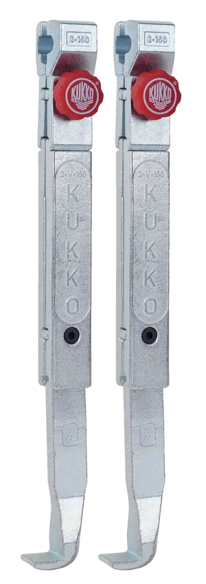 Pair of metal puller arms with red knobs, industrial hand tool, Kukko brand visible