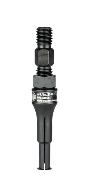 Black industrial power transmission shaft adapter with threaded ends and part number label