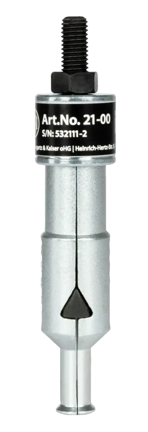Industrial metal tool part with threaded top, black label, and precision-cut shaft